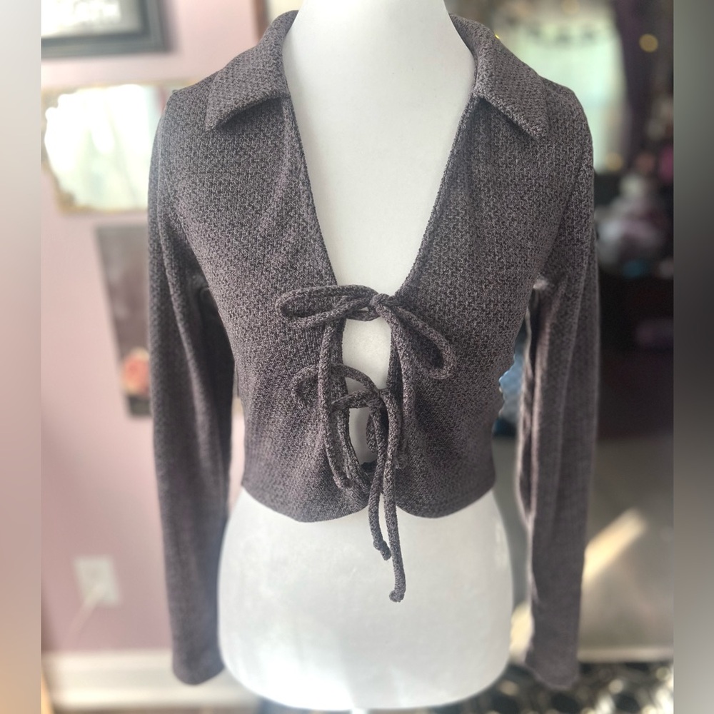 Le Lis Charcoal Knit Tie-Front Blouse